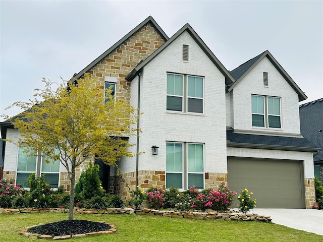 view of front facade featuring a garage, driveway, a front yard, and stone siding