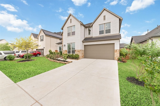 traditional-style house with a garage, stone siding, driveway, and a front yard