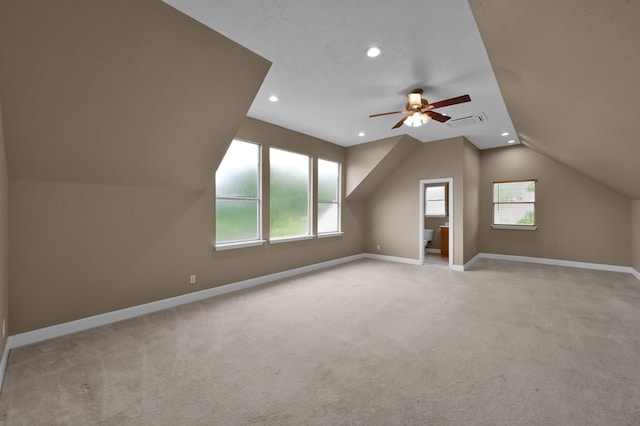 19731 Stone Lake Dr, Tomball, TX 77377 - bonus room featuring a ceiling fan, healthy amount of natural light, light carpet, recessed lighting, and lofted ceiling