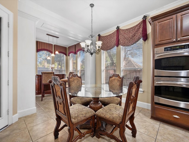 17306 Lake Chelan Ln, Humble, TX 77346 - dining space featuring light tile patterned floors, baseboards, crown molding, and an inviting chandelier