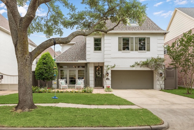 4122 University Blvd, Houston, TX 77005 - french country style house featuring a garage, a shingled roof, a front yard, and concrete driveway