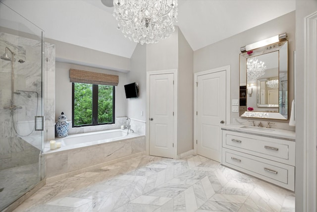 4122 University Blvd, Houston, TX 77005 - full bathroom with a notable chandelier, vanity, a marble finish shower, marble finish floor, and a bath