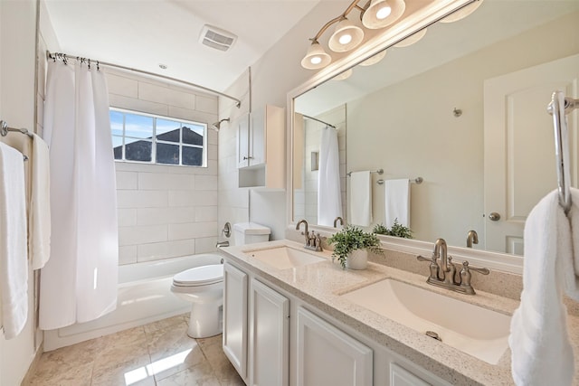4319 Island Hills Dr, Pasadena, TX 77059 - full bathroom with toilet, shower / bathtub combination with curtain, and double vanity