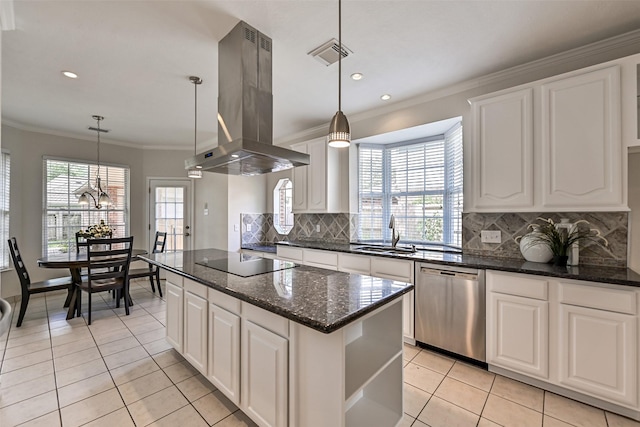 kitchen with visible vents, black electric stovetop, island range hood, a sink, and dishwasher