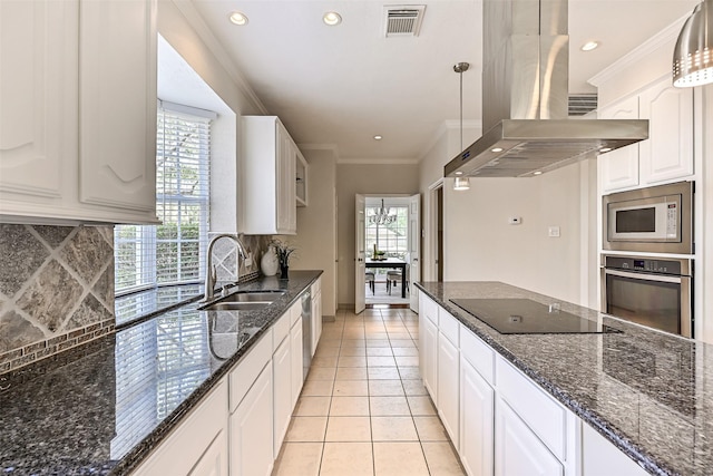 kitchen featuring visible vents, crown molding, extractor fan, a sink, and stainless steel appliances
