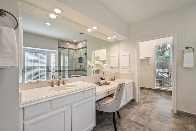 4319 Island Hills Dr, Pasadena, TX 77059 - bathroom with a stall shower, baseboards, recessed lighting, and double vanity