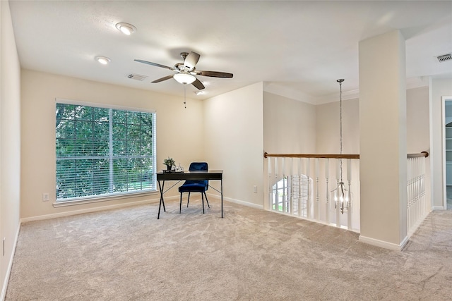 office area with visible vents, a ceiling fan, baseboards, and carpet flooring
