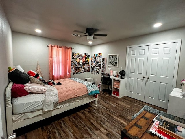 bedroom featuring visible vents, a closet, wood finished floors, ceiling fan, and recessed lighting