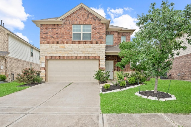 traditional-style house featuring a front yard, brick siding, concrete driveway, an attached garage, and stone siding