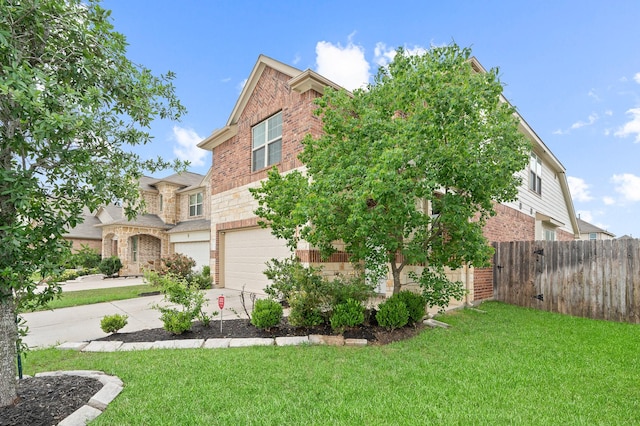 view of front facade with a garage, a front lawn, fence, brick siding, and driveway