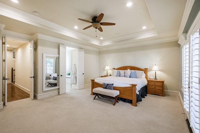 5336 Inker St, Houston, TX 77007 - bedroom featuring carpet floors, recessed lighting, baseboards, a tray ceiling, and ornamental molding