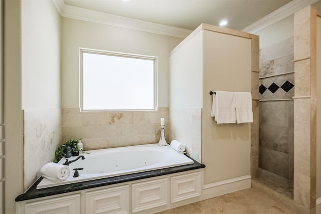 5336 Inker St, Houston, TX 77007 - bathroom featuring crown molding, a walk in shower, and a whirlpool tub