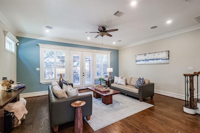 5336 Inker St, Houston, TX 77007 - living area with visible vents, dark wood-style flooring, baseboards, ceiling fan, and french doors