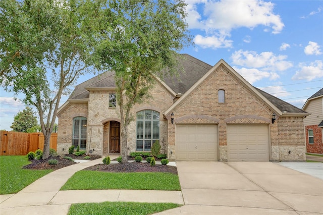french country home with brick siding, a garage, fence, and driveway