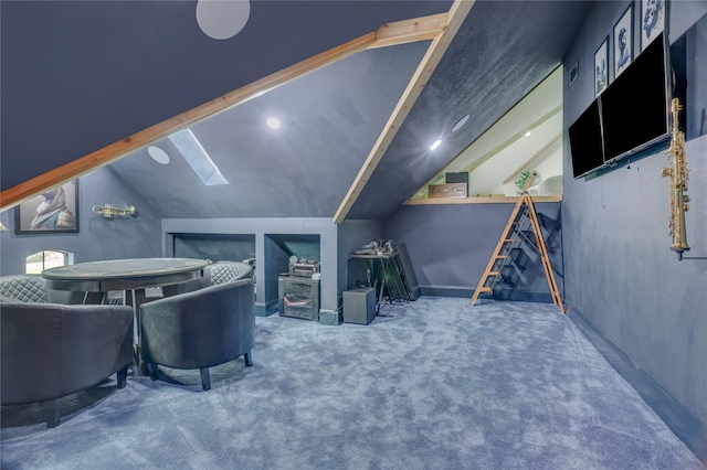 interior space with carpet flooring and lofted ceiling