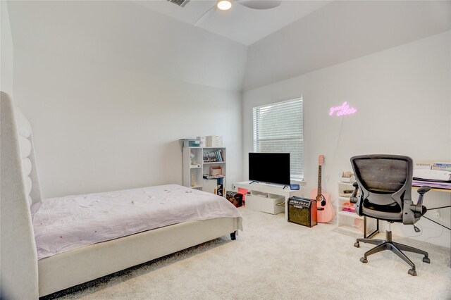 bedroom with carpet floors, ceiling fan, vaulted ceiling, and visible vents