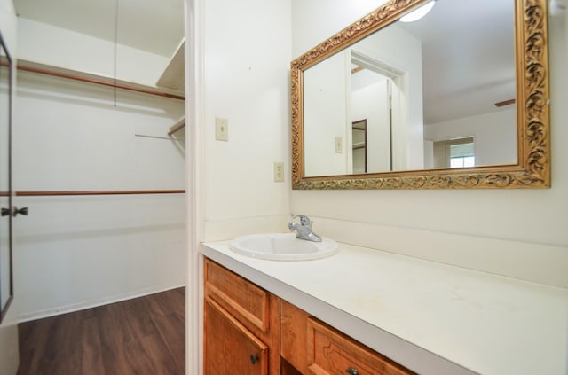 bathroom with vanity and wood finished floors