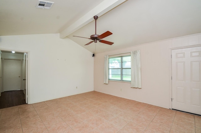 empty room featuring ceiling fan, lofted ceiling with beams, light tile patterned flooring, and visible vents