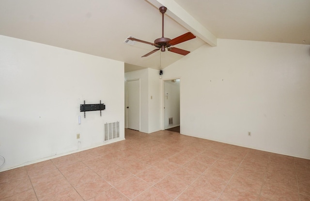 unfurnished room featuring a ceiling fan, light tile patterned flooring, visible vents, and beam ceiling