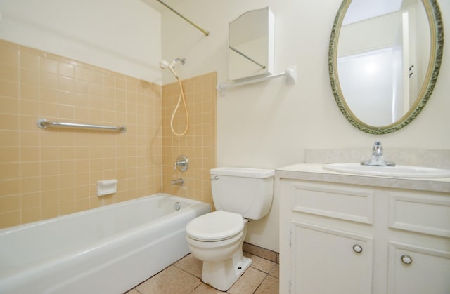 full bathroom with toilet, tub / shower combination, tile patterned flooring, and vanity