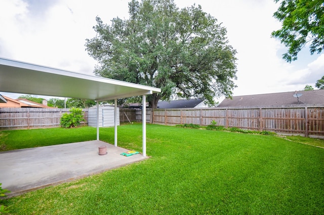 view of yard featuring a patio, a fenced backyard, a storage shed, and an outdoor structure