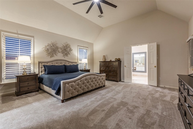 bedroom featuring a ceiling fan, visible vents, light colored carpet, high vaulted ceiling, and baseboards