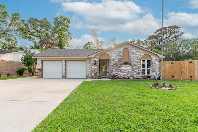 ranch-style house featuring brick siding, an attached garage, fence, and concrete driveway