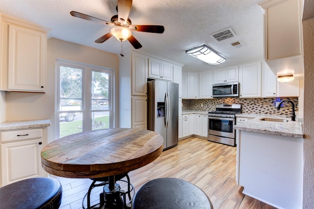 kitchen with ceiling fan, appliances with stainless steel finishes, tasteful backsplash, a sink, and light wood finished floors