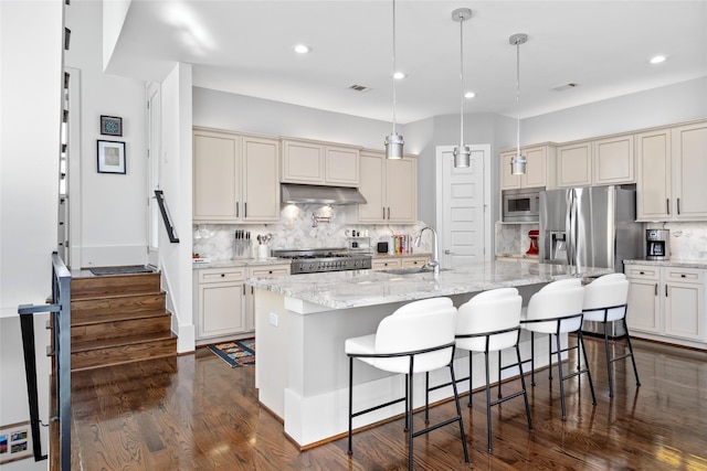 kitchen featuring a sink, stainless steel appliances, decorative backsplash, under cabinet range hood, and dark wood-style floors