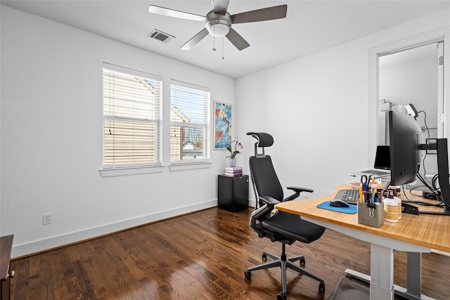 office area with baseboards, visible vents, ceiling fan, and wood finished floors