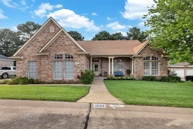 single story home featuring roof with shingles, covered porch, brick siding, and a front yard