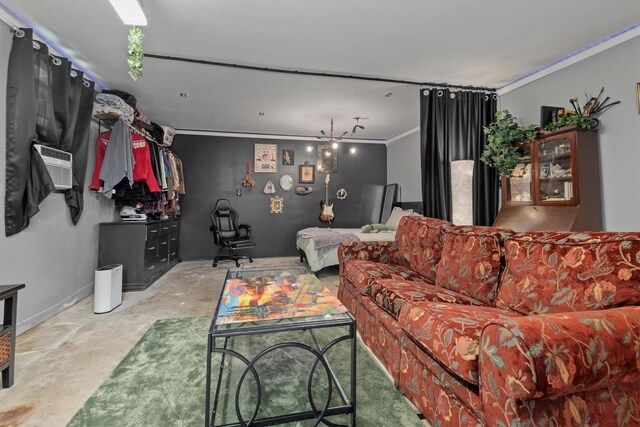 227 Oak Hollow St, Conroe, TX 77301 - living room with crown molding, concrete flooring, and cooling unit