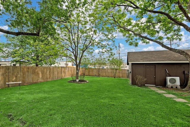 227 Oak Hollow St, Conroe, TX 77301 - view of yard featuring a fenced backyard, an outdoor structure, and ac unit