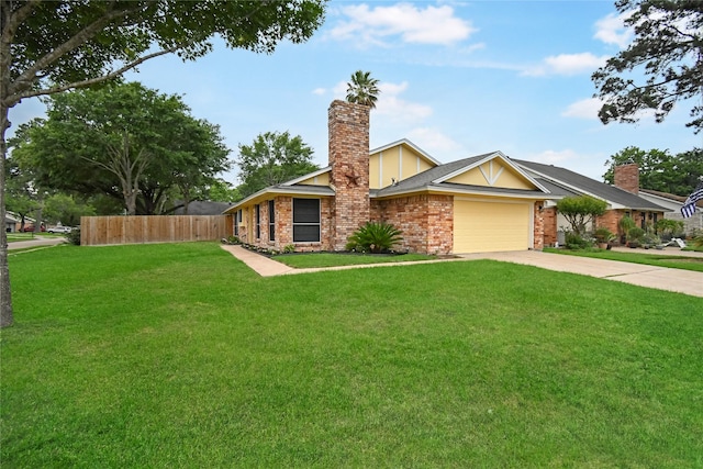 mid-century inspired home featuring a garage, fence, a chimney, brick siding, and driveway
