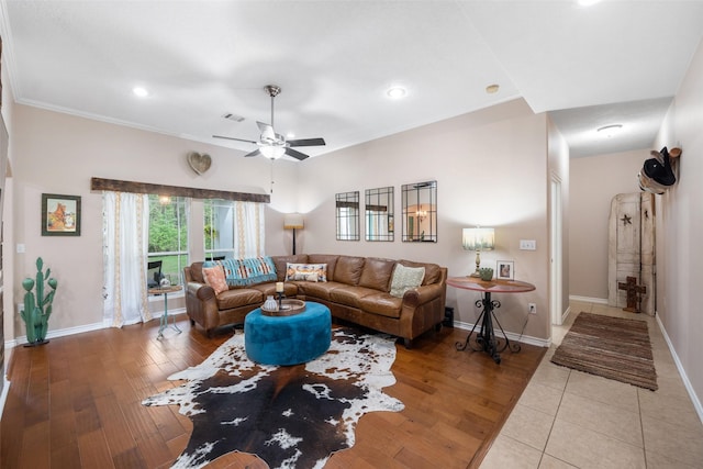 living room with visible vents, a ceiling fan, baseboards, and recessed lighting