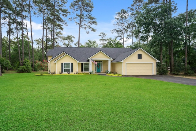 ranch-style home with a garage, a shingled roof, a front lawn, and aphalt driveway