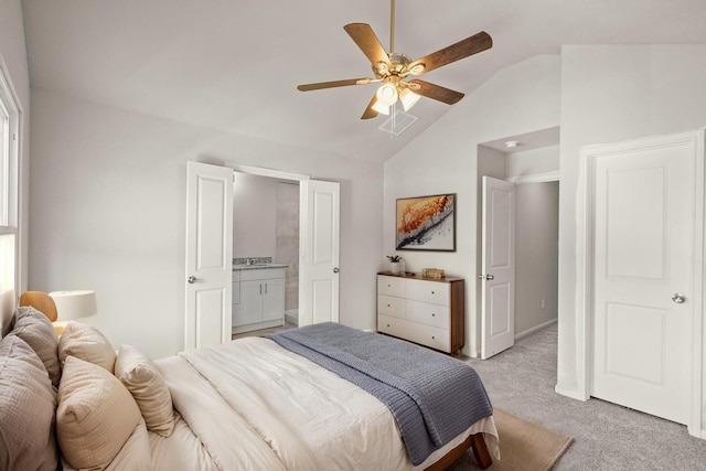 9001 Judwin St, Houston, TX 77075 - bedroom with visible vents, lofted ceiling, ensuite bathroom, ceiling fan, and light colored carpet