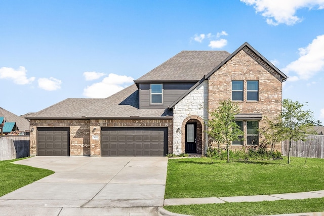 31214 Gullwing Manor Dr, Tomball, TX 77375 - view of front of property featuring brick siding, a shingled roof, a front lawn, and fence