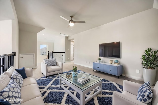 31214 Gullwing Manor Dr, Tomball, TX 77375 - carpeted living room featuring baseboards and ceiling fan