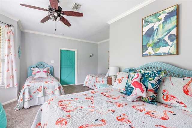 carpeted bedroom with crown molding, baseboards, ceiling fan, and visible vents