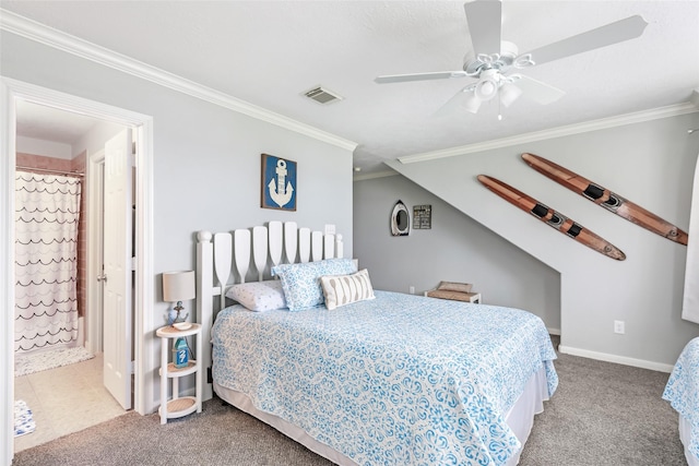 bedroom with visible vents, ornamental molding, carpet, and baseboards