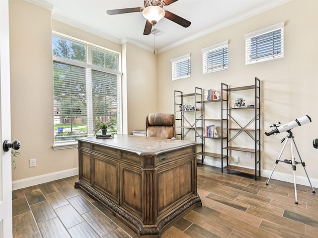 office with baseboards, a ceiling fan, dark wood finished floors, and ornamental molding