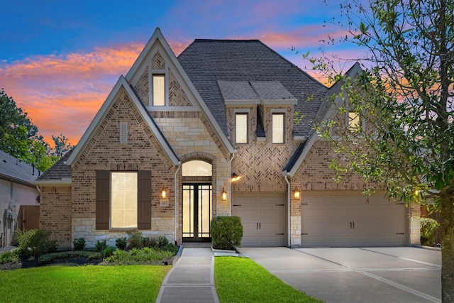 21873 Otter Point Ln, Porter, TX 77365 - view of front of home featuring a shingled roof, a front lawn, brick siding, stone siding, and concrete driveway