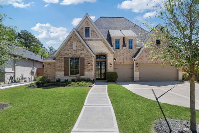 21873 Otter Point Ln, Porter, TX 77365 - french provincial home with french doors, a front yard, driveway, and stone siding