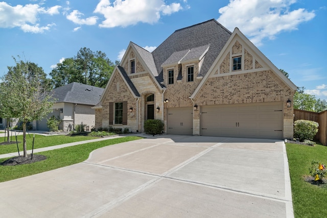 21873 Otter Point Ln, Porter, TX 77365 - french country home with a front yard, stone siding, roof with shingles, brick siding, and concrete driveway