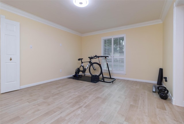 workout area featuring crown molding, baseboards, and wood finished floors