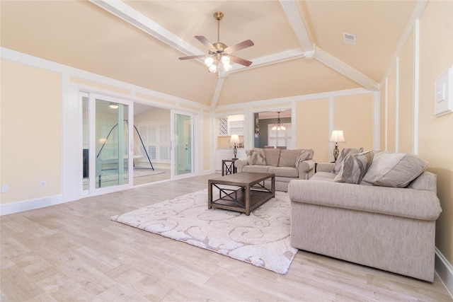 living room with visible vents, beam ceiling, ceiling fan with notable chandelier, and wood finished floors
