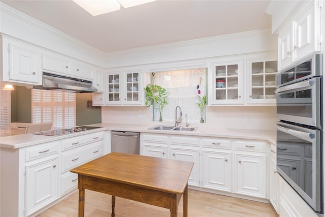 kitchen featuring white cabinets, appliances with stainless steel finishes, a sink, under cabinet range hood, and glass insert cabinets