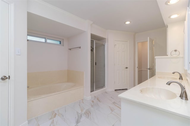 bathroom featuring a garden tub, double vanity, marble finish floor, a sink, and a stall shower