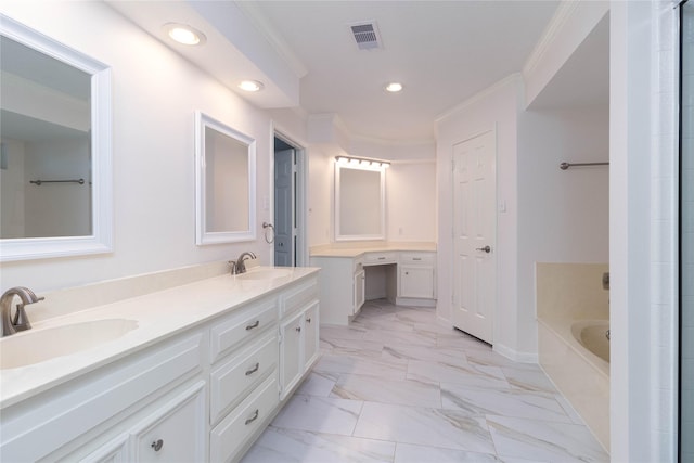 bathroom with double vanity, recessed lighting, a sink, and a bath